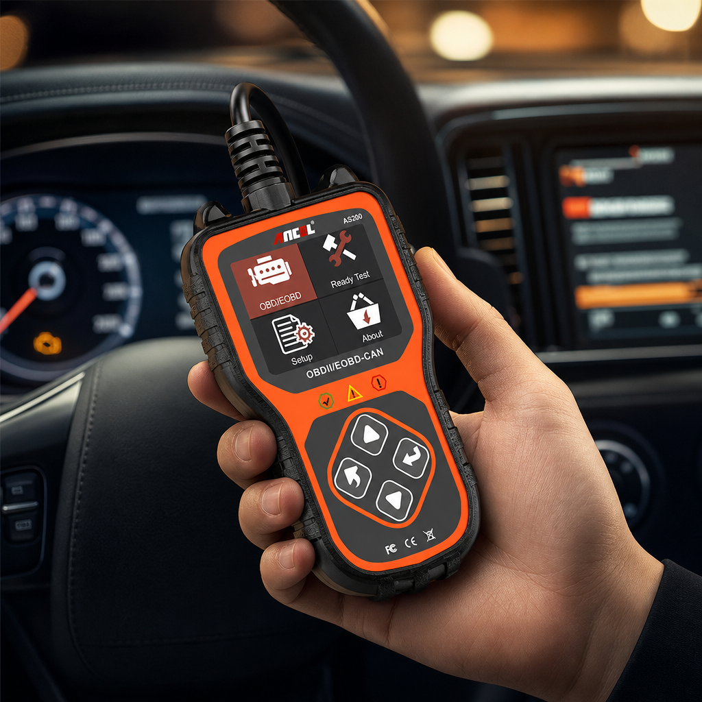ANCEL AS200 handheld OBD2 scanner diagnosing a car