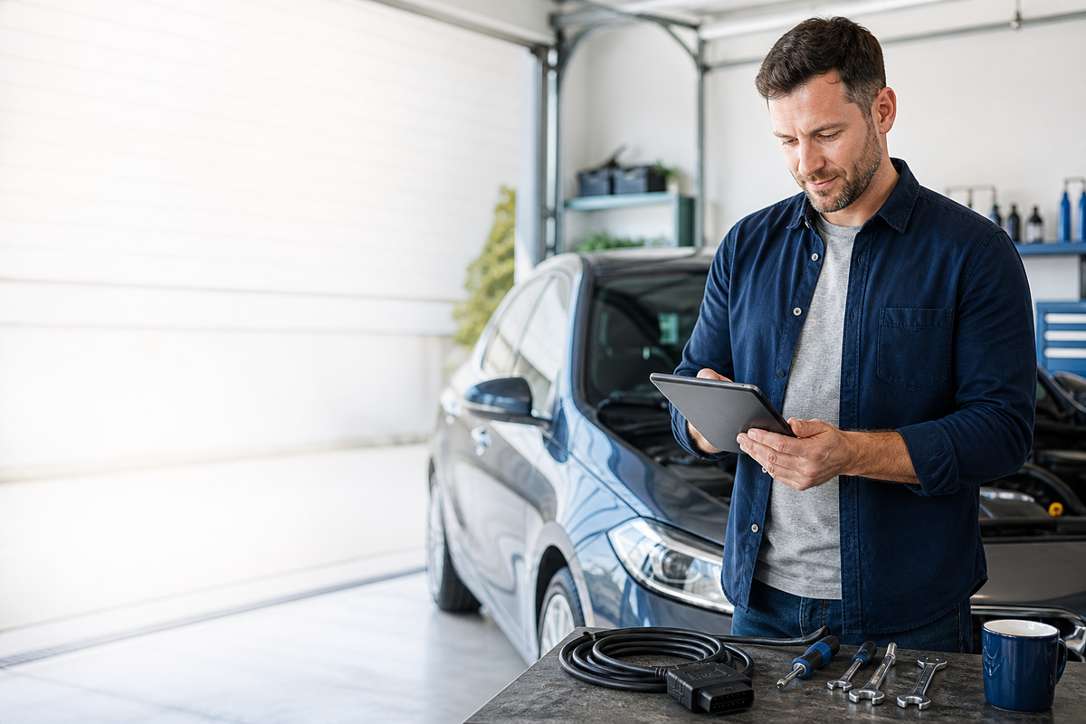 Car enthusiast reviewing diagnostic data in a garage