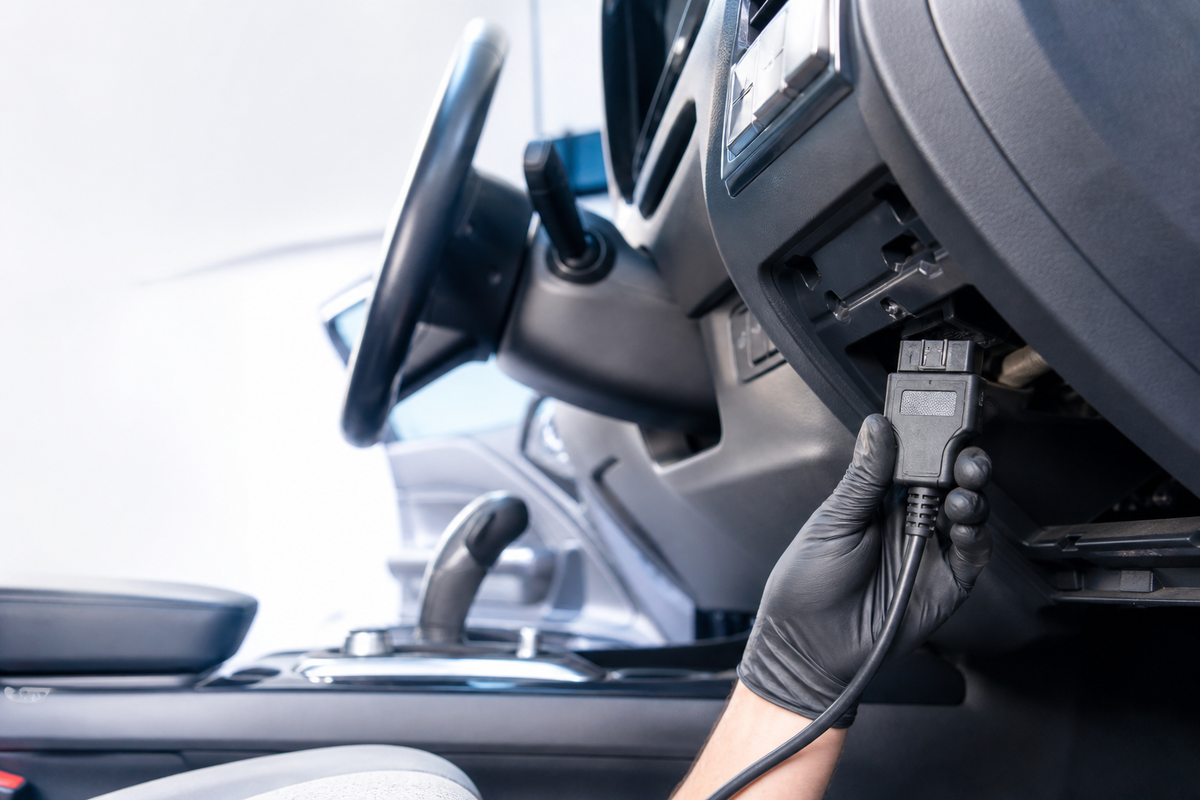 Connecting an OBD2 scanner beneath a modern dashboard