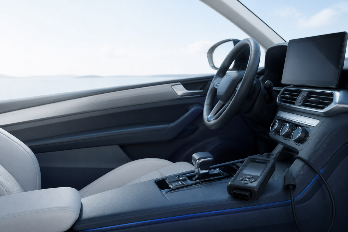 Modern car interior with an OBD2 scanner